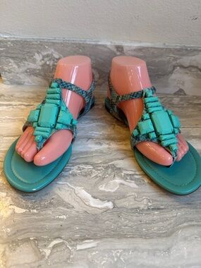 Joan & David Turquoise Jeweled T-Strap Sandals